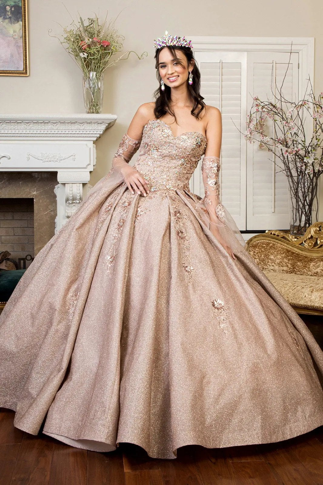Sweethearted Ruffle Tail Quinceanera Dress w/ Detached Mesh Sleeve - Mask Not Included by Tux-USA