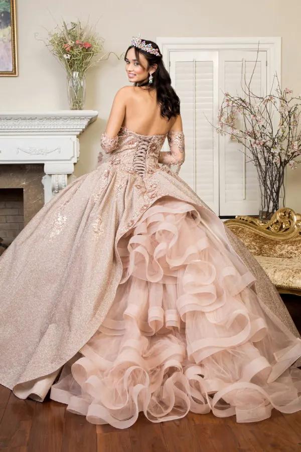 Sweethearted Ruffle Tail Quinceanera Dress w/ Detached Mesh Sleeve - Mask Not Included by Tux-USA