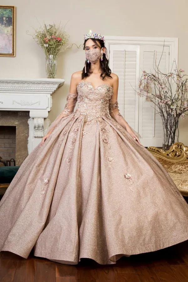 Sweethearted Ruffle Tail Quinceanera Dress w/ Detached Mesh Sleeve - Mask Not Included by Tux-USA