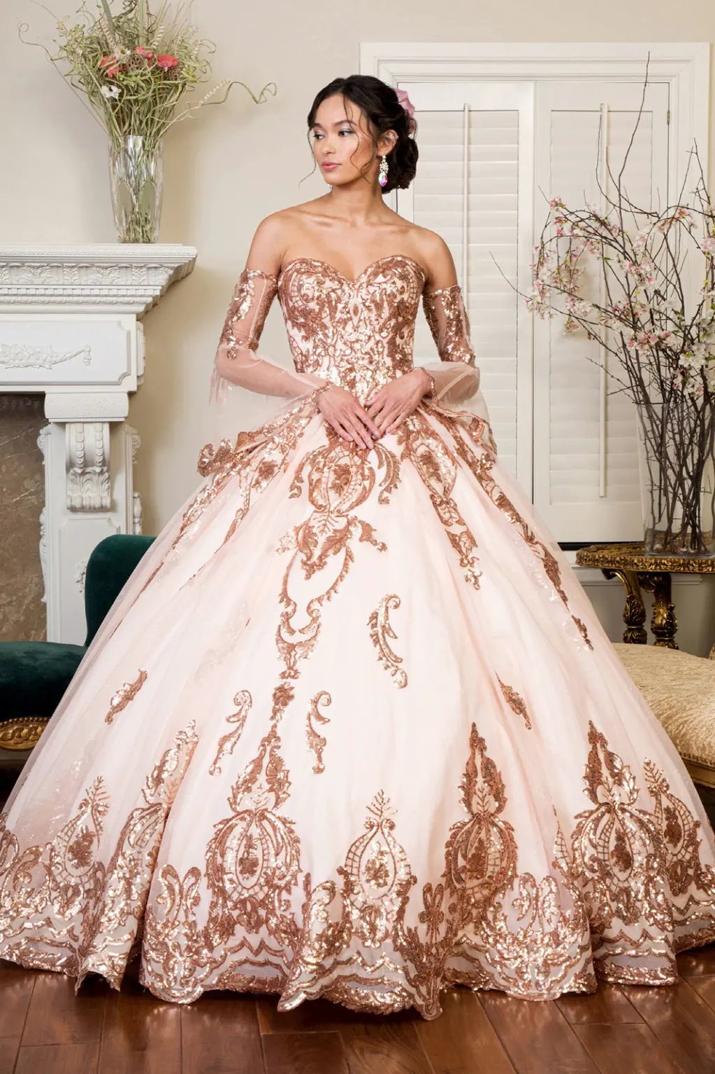 Sequin Embellished Glitter Mesh Quinceanera Dress w/ Detached Mesh Sleeve by Tux-USA