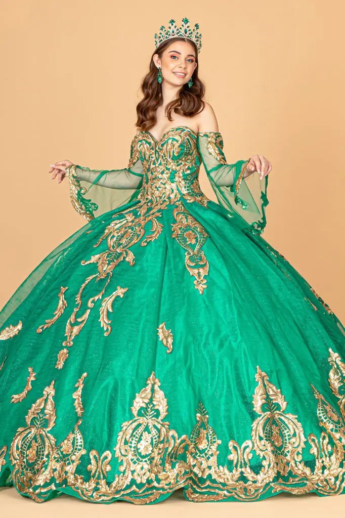 Sequin Embellished Glitter Mesh Quinceanera Dress w/ Detached Mesh Sleeve by Tux-USA