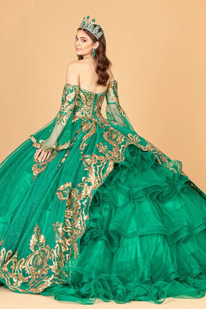 Sequin Embellished Glitter Mesh Quinceanera Dress w/ Detached Mesh Sleeve by Tux-USA