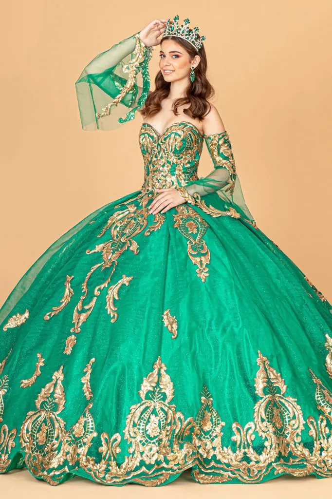 Sequin Embellished Glitter Mesh Quinceanera Dress w/ Detached Mesh Sleeve by Tux-USA