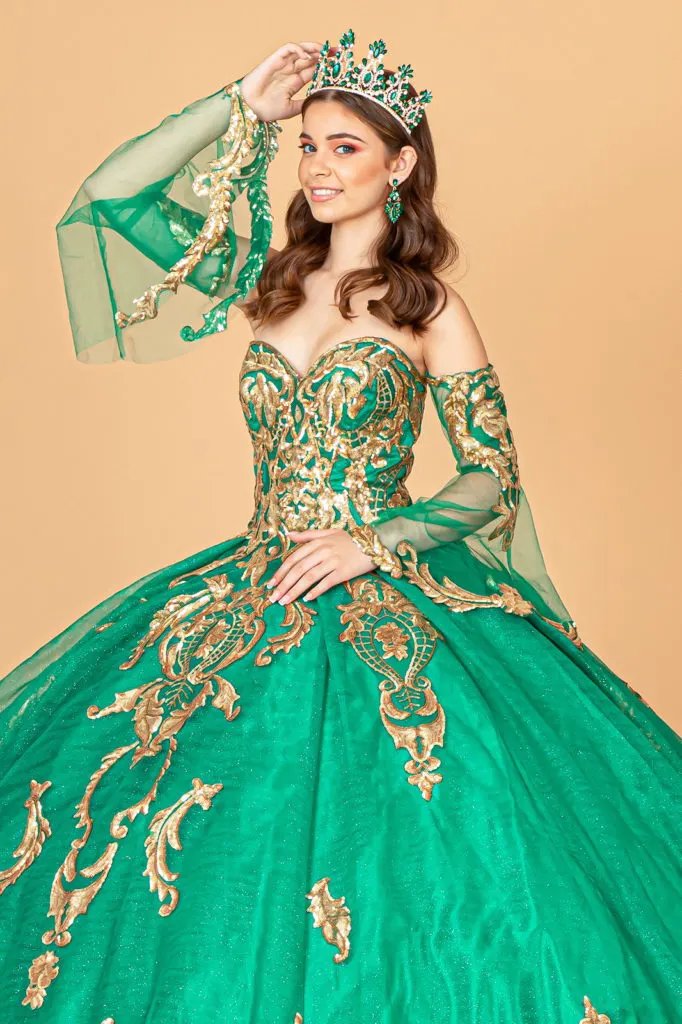 Sequin Embellished Glitter Mesh Quinceanera Dress w/ Detached Mesh Sleeve by Tux-USA