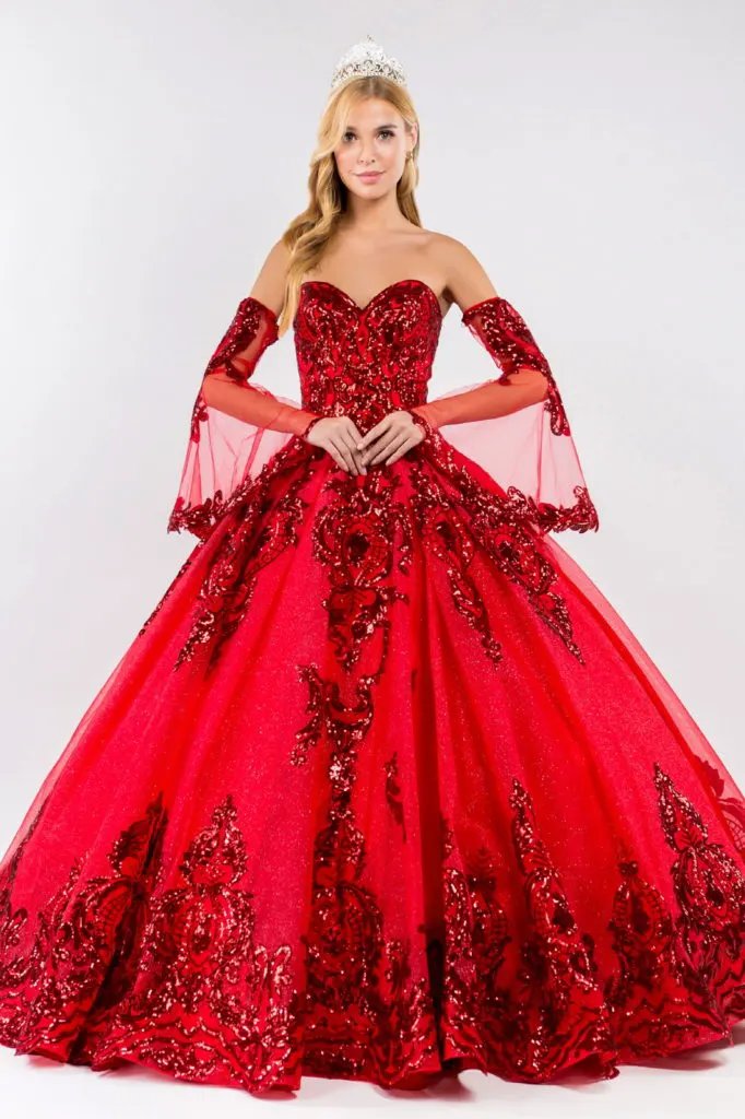 Sequin Embellished Glitter Mesh Quinceanera Dress w/ Detached Mesh Sleeve by Tux-USA