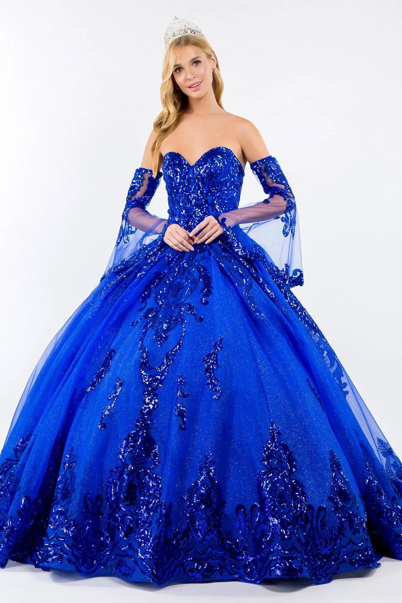 Sequin Embellished Glitter Mesh Quinceanera Dress w/ Detached Mesh Sleeve by Tux-USA