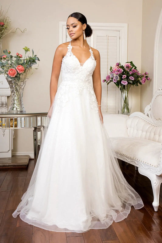 V-Neck Floral Embroidery Sequin Mesh Wedding Gown w/ Lace Up Back by Tux-USA