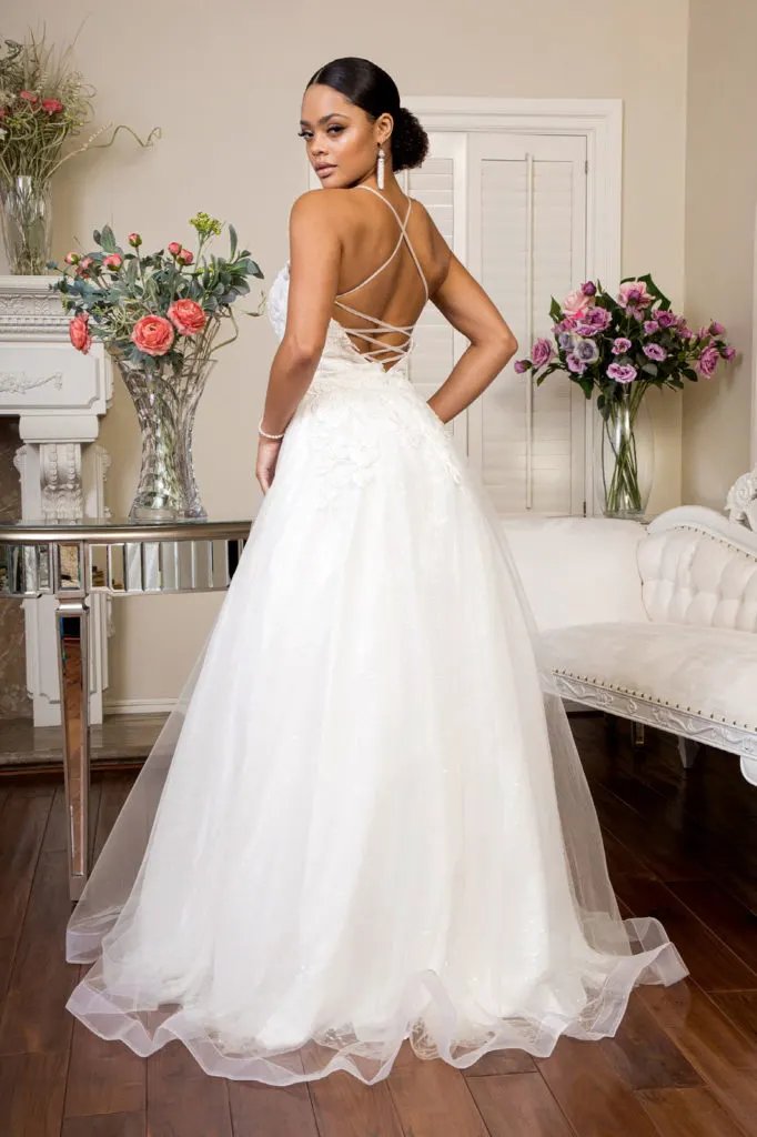 V-Neck Floral Embroidery Sequin Mesh Wedding Gown w/ Lace Up Back by Tux-USA