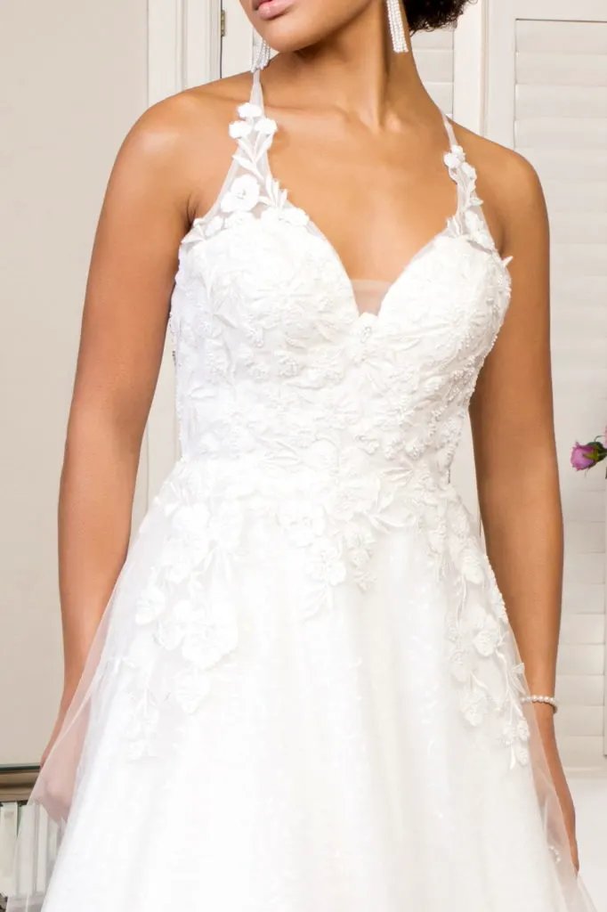 V-Neck Floral Embroidery Sequin Mesh Wedding Gown w/ Lace Up Back by Tux-USA