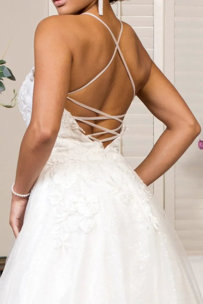 V-Neck Floral Embroidery Sequin Mesh Wedding Gown w/ Lace Up Back by Tux-USA