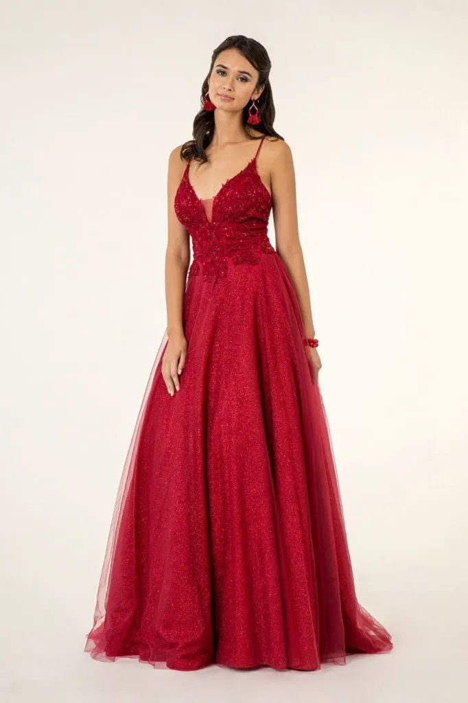 V-Neck Floral Embroidery Embellished Bodice Glitter Mesh Long Dress by Tux-USA