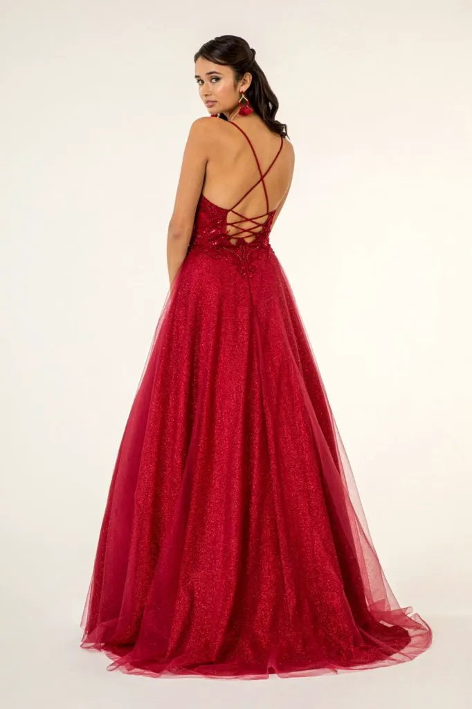 V-Neck Floral Embroidery Embellished Bodice Glitter Mesh Long Dress by Tux-USA