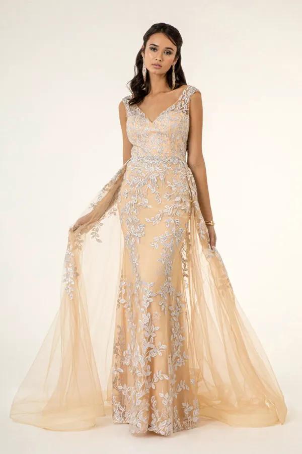 V-Neck Floral Embroidery Embellished Mesh A-Line Dress w/ Sheer Back - Mask Not Included by Tux-USA