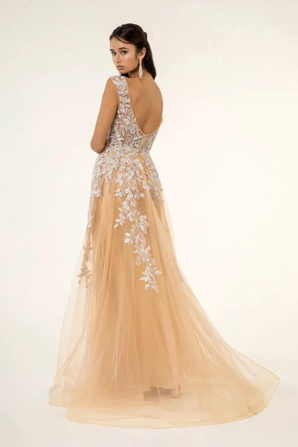 V-Neck Floral Embroidery Embellished Mesh A-Line Dress w/ Sheer Back - Mask Not Included by Tux-USA