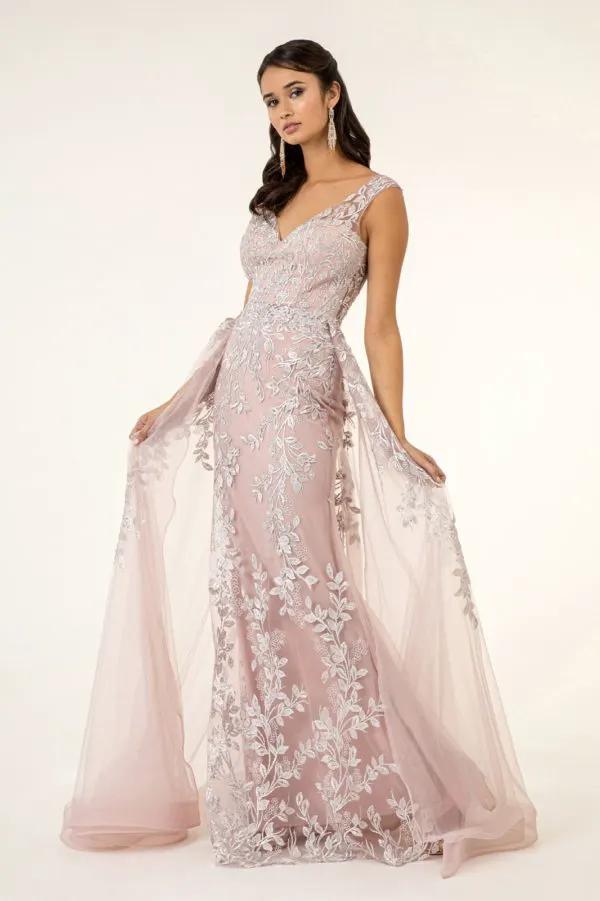 V-Neck Floral Embroidery Embellished Mesh A-Line Dress w/ Sheer Back - Mask Not Included by Tux-USA