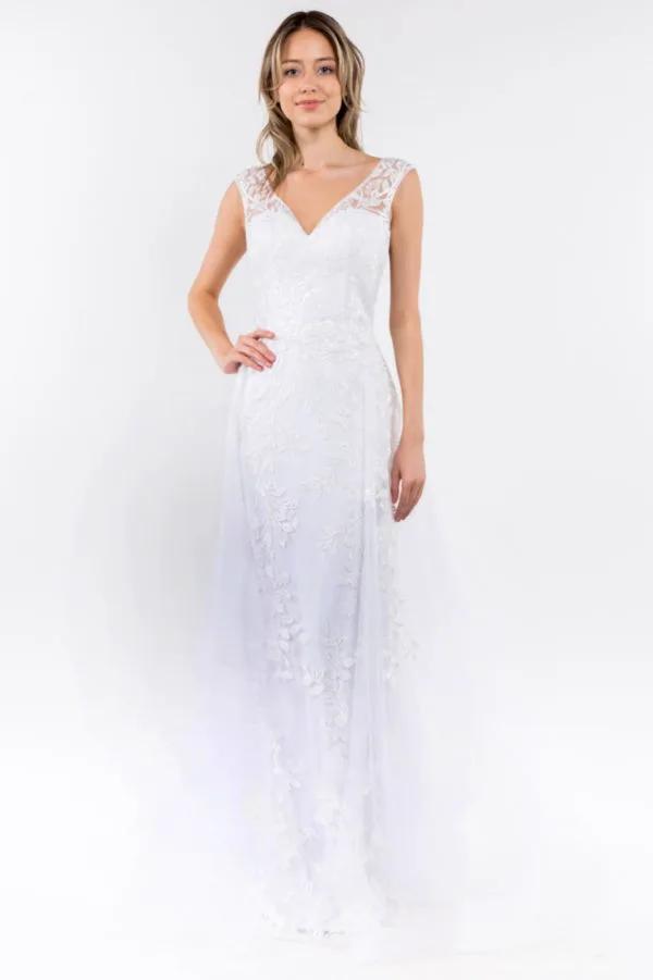 V-Neck Floral Embroidery Embellished Mesh A-Line Dress w/ Sheer Back - Mask Not Included by Tux-USA