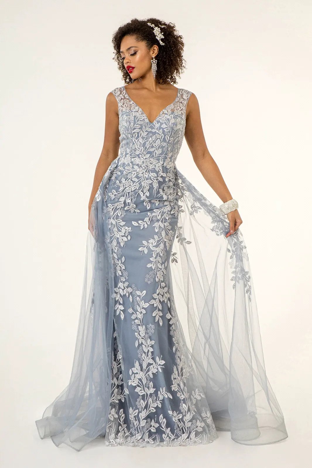 V-Neck Floral Embroidery Embellished Mesh A-Line Dress w/ Sheer Back - Mask Not Included by Tux-USA