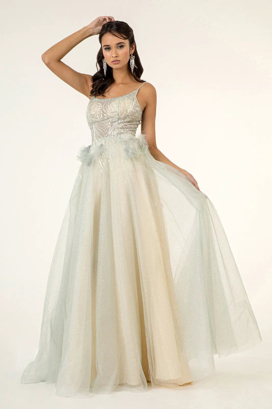 Sequin Embellished Glitter Mesh Dress w/ Feather Accented Waistline - Mask Not Included by Tux-USA