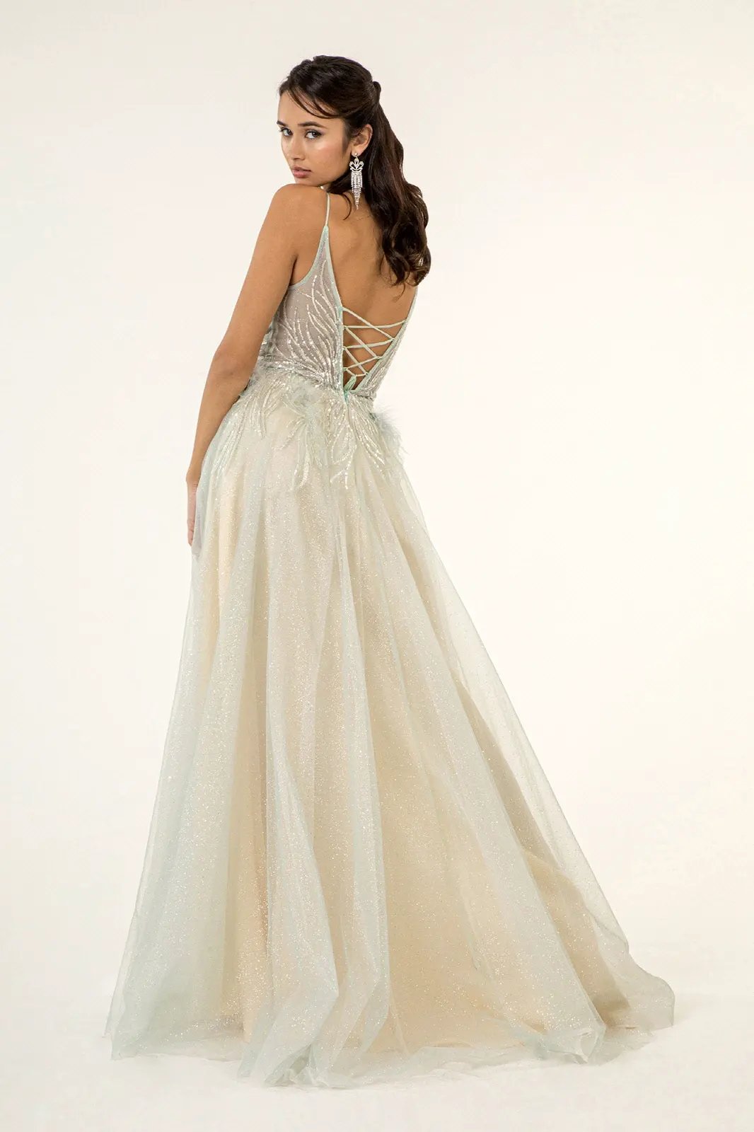 Sequin Embellished Glitter Mesh Dress w/ Feather Accented Waistline - Mask Not Included by Tux-USA