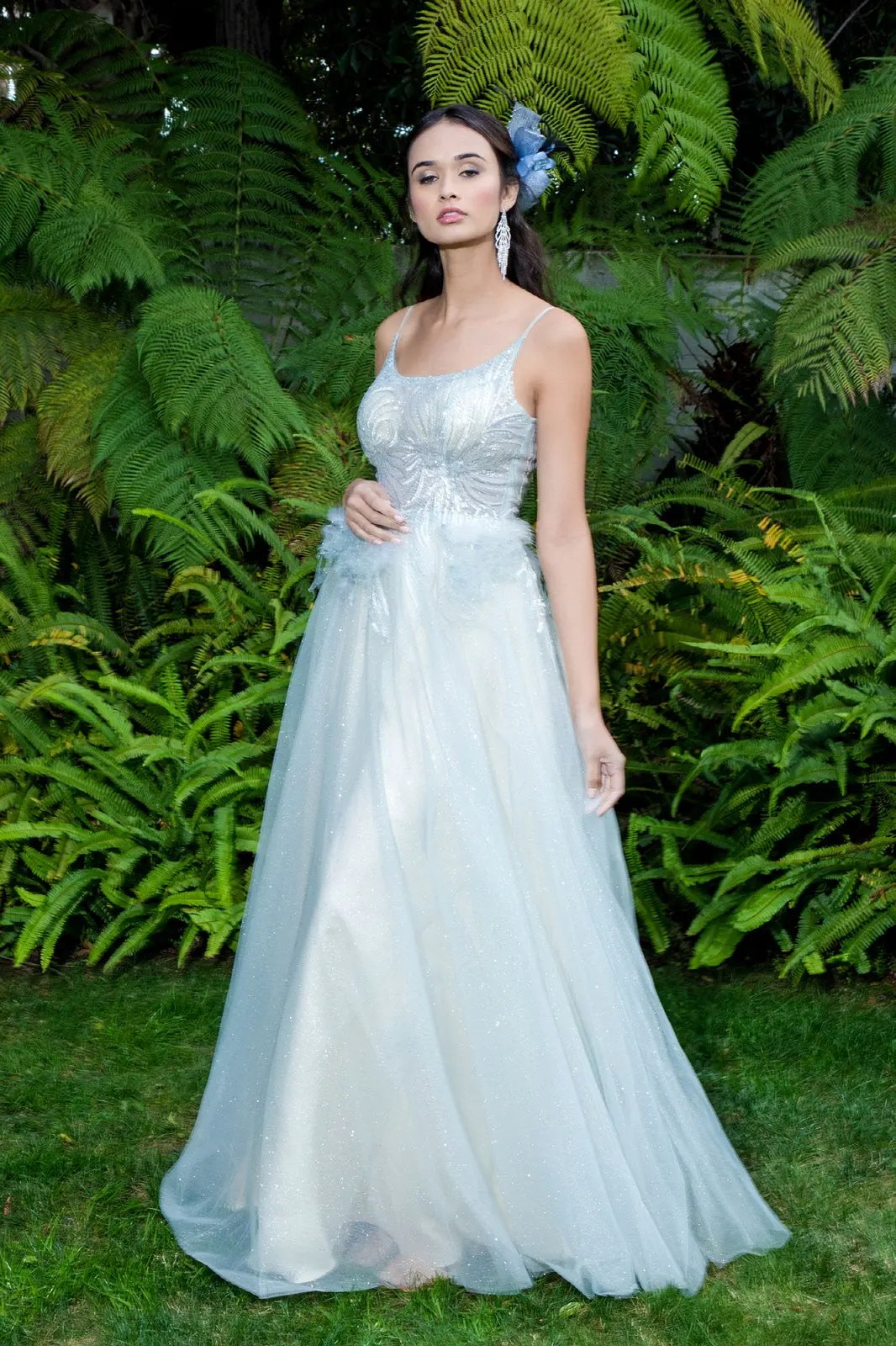 Sequin Embellished Glitter Mesh Dress w/ Feather Accented Waistline - Mask Not Included by Tux-USA