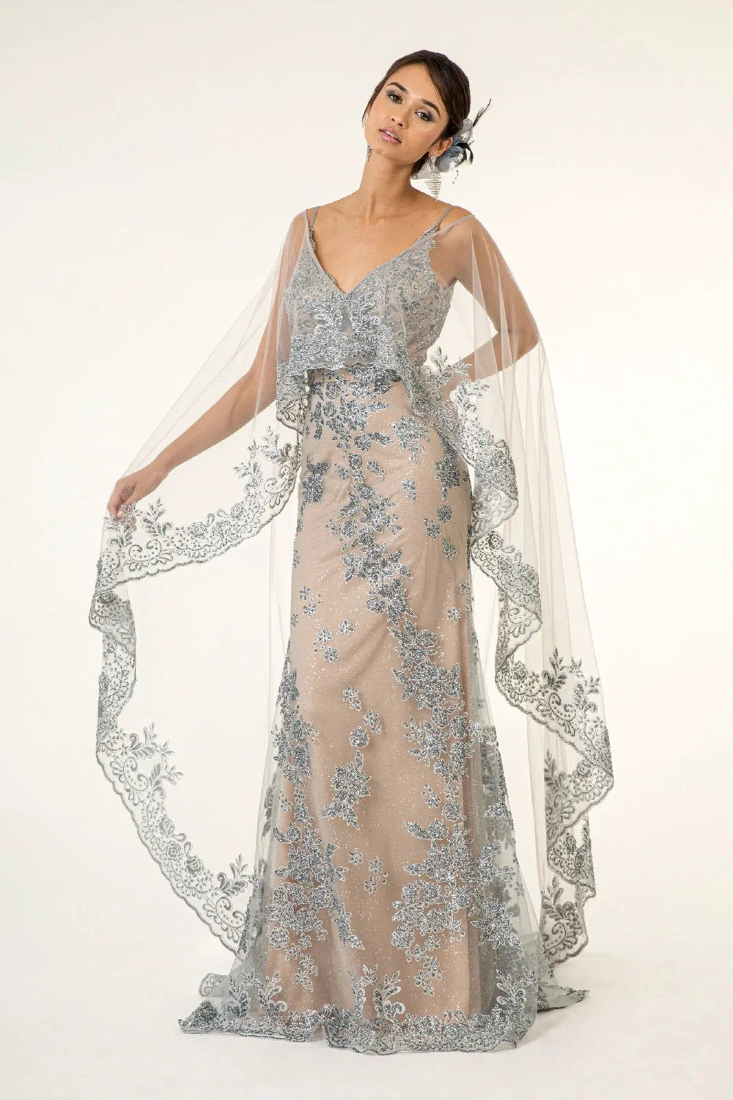 Glitter Embellished Mesh V-Neck Long Dress w/ Detachable Cape - Mask Not Included by Tux-USA
