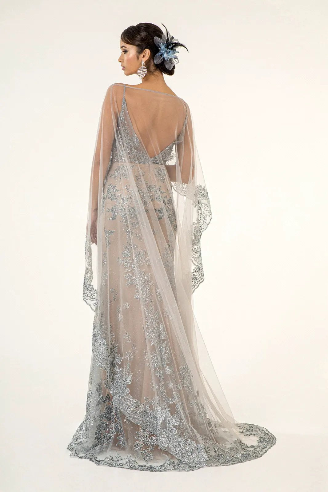 Glitter Embellished Mesh V-Neck Long Dress w/ Detachable Cape - Mask Not Included by Tux-USA
