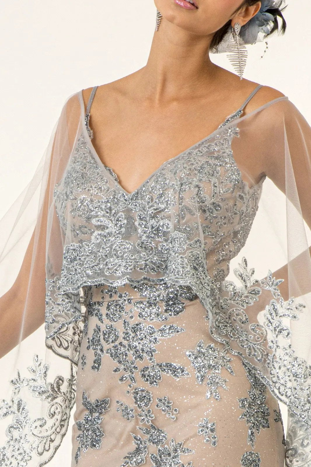 Glitter Embellished Mesh V-Neck Long Dress w/ Detachable Cape - Mask Not Included by Tux-USA