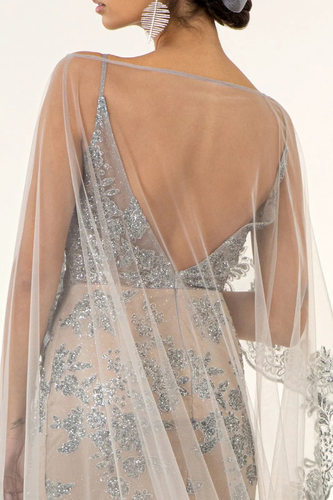 Glitter Embellished Mesh V-Neck Long Dress w/ Detachable Cape - Mask Not Included by Tux-USA
