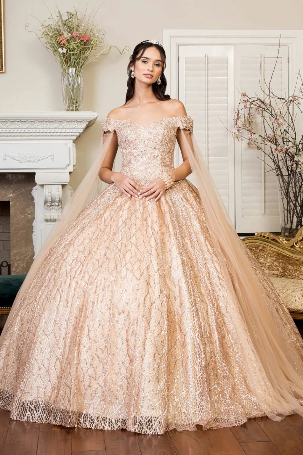 Cut-Away Shoulder Sweethearted Glitter Mesh Quinceanera Dress by Tux-USA