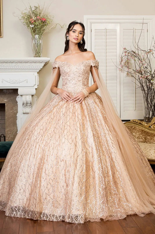 Cut-Away Shoulder Sweethearted Glitter Mesh Quinceanera Dress by Tux-USA