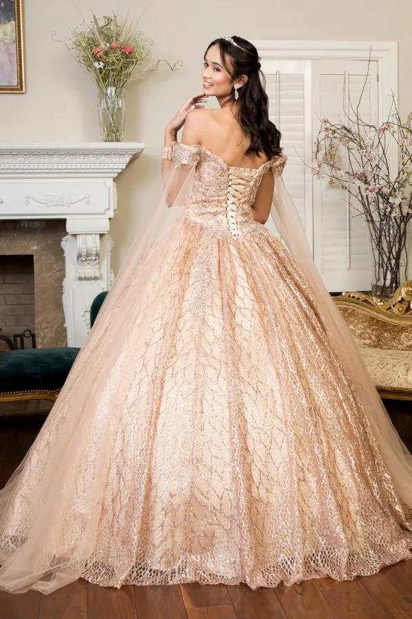 Cut-Away Shoulder Sweethearted Glitter Mesh Quinceanera Dress by Tux-USA