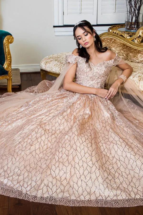 Cut-Away Shoulder Sweethearted Glitter Mesh Quinceanera Dress by Tux-USA