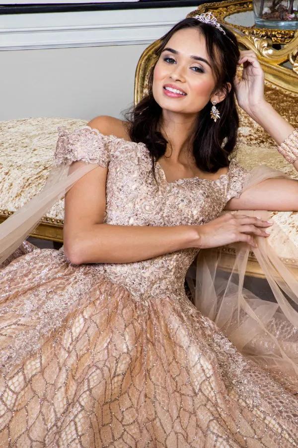 Cut-Away Shoulder Sweethearted Glitter Mesh Quinceanera Dress by Tux-USA