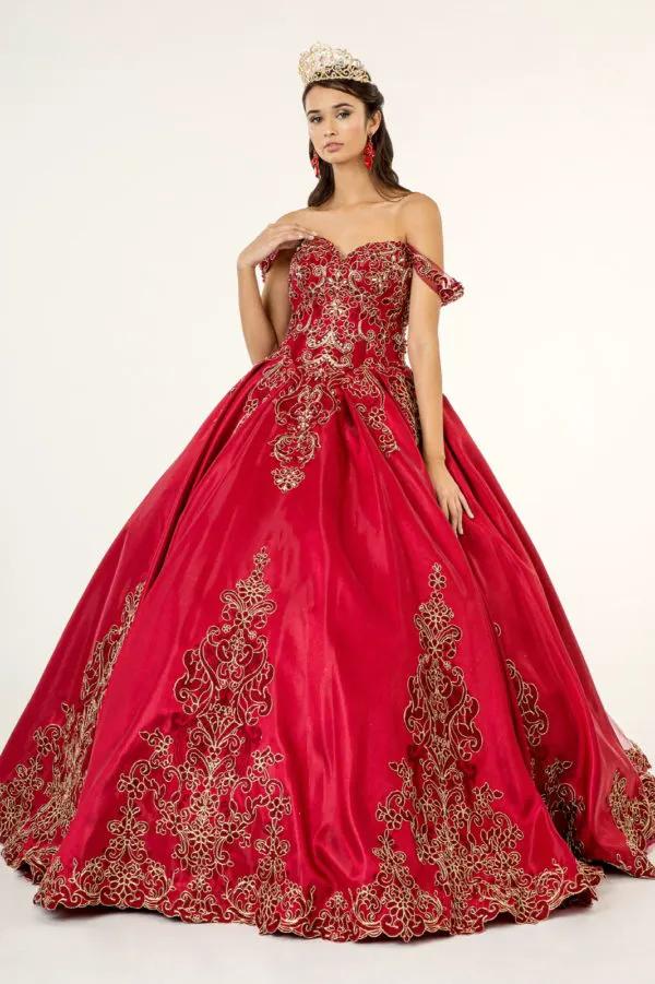 Embroidered Mesh Strap Satin Quinceanera Dress w/ Mesh Tail - Mask Not Included by Tux-USA