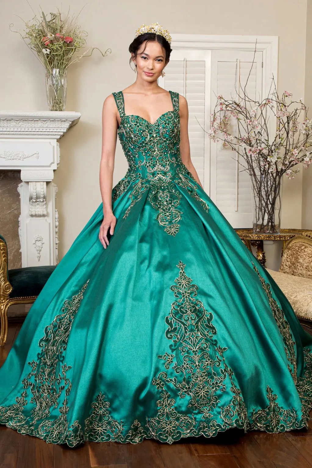 Embroidered Mesh Strap Satin Quinceanera Dress w/ Mesh Tail - Mask Not Included by Tux-USA