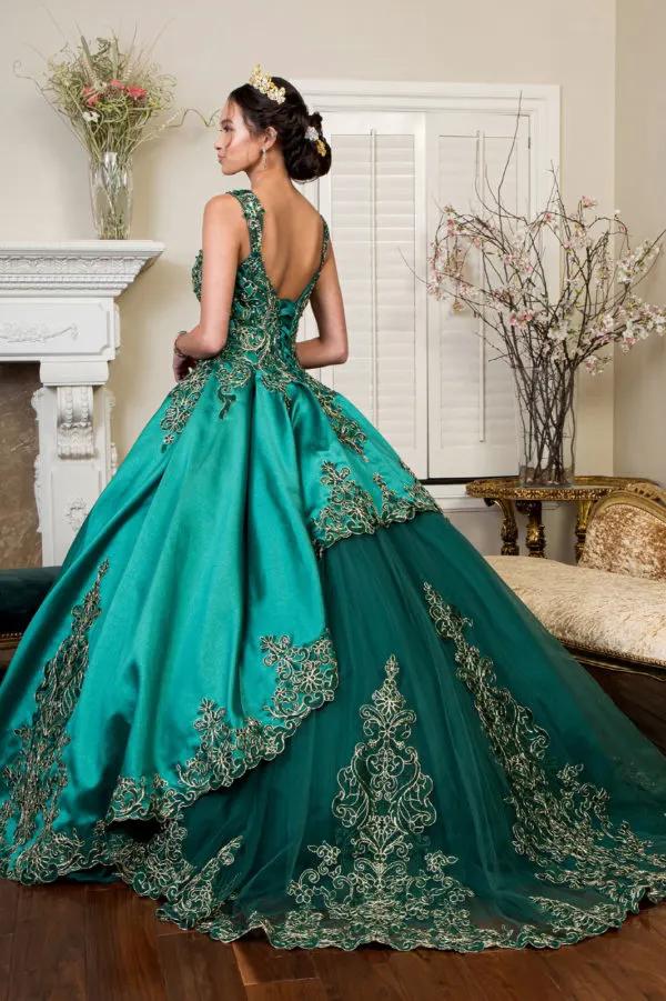 Embroidered Mesh Strap Satin Quinceanera Dress w/ Mesh Tail - Mask Not Included by Tux-USA