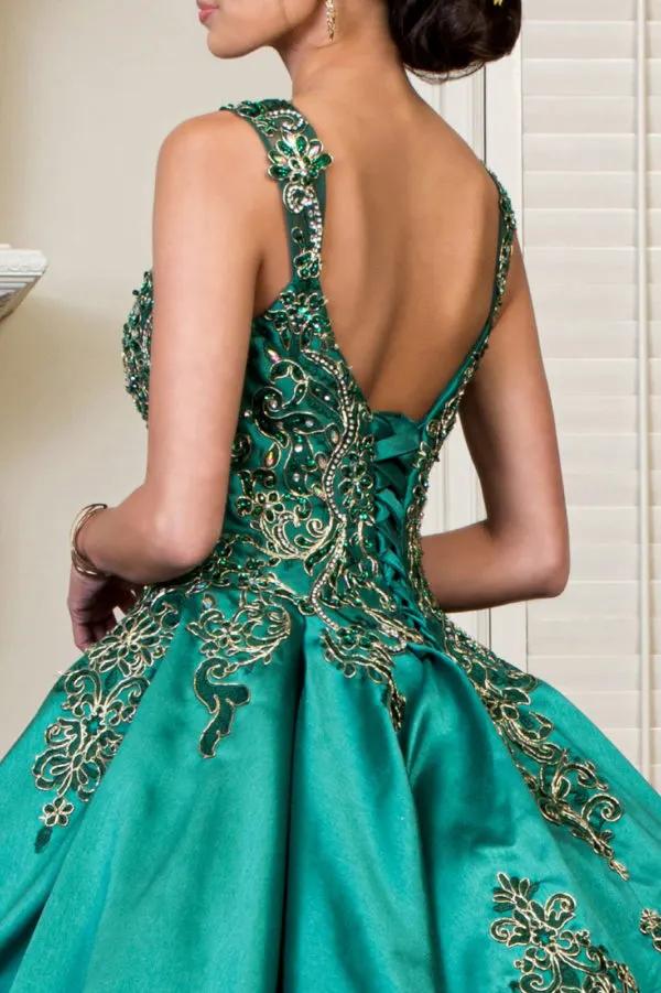 Embroidered Mesh Strap Satin Quinceanera Dress w/ Mesh Tail - Mask Not Included by Tux-USA