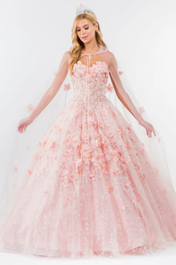 Sweetheart Neckline Beads and Jewel Embellished Bodice Quinceanera Dress w/ Mesh Cape by Tux-USA