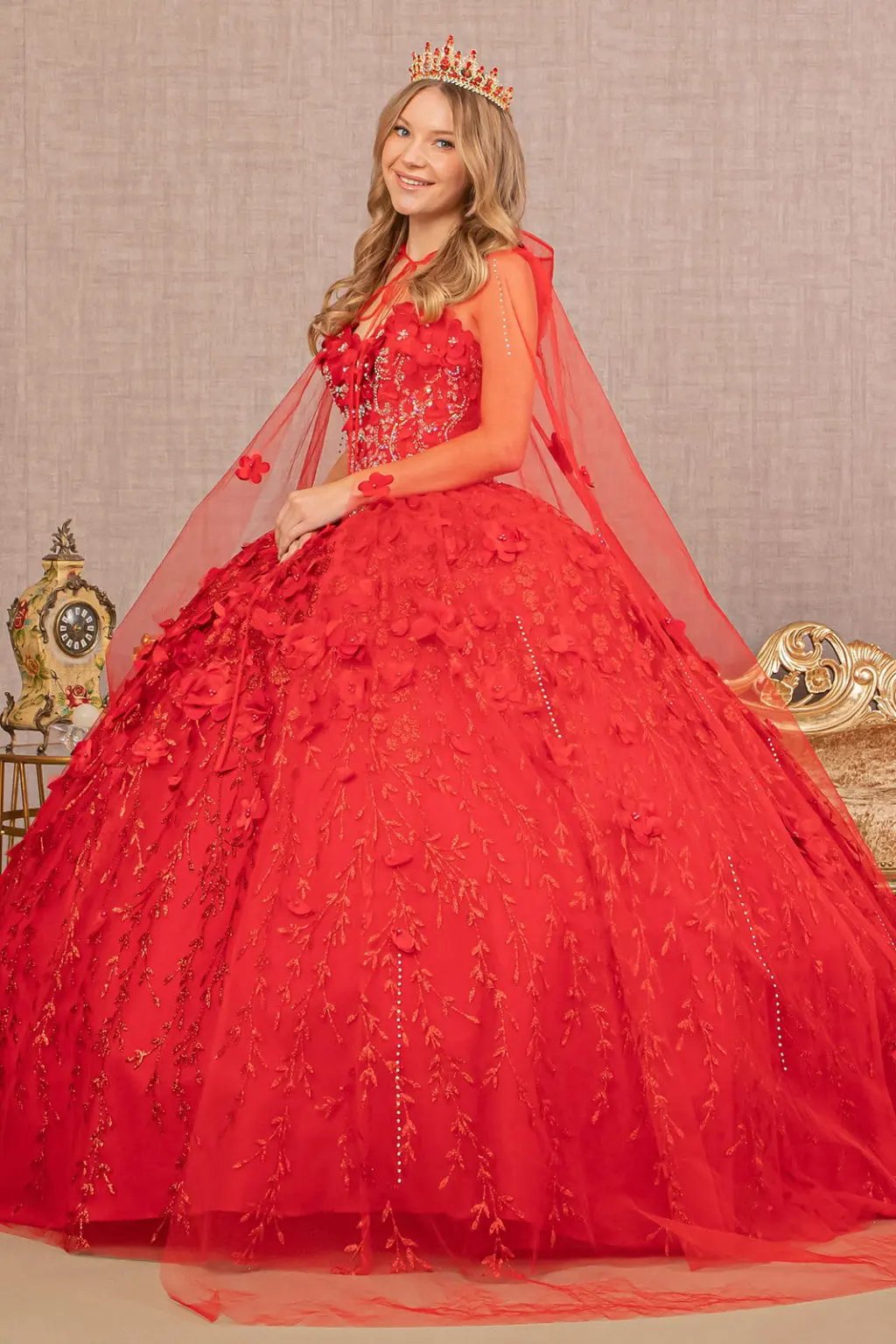 Sweetheart Neckline Beads and Jewel Embellished Bodice Quinceanera Dress w/ Mesh Cape by Tux-USA