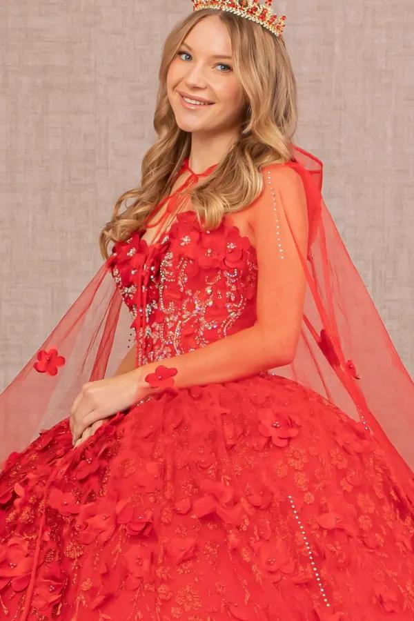 Sweetheart Neckline Beads and Jewel Embellished Bodice Quinceanera Dress w/ Mesh Cape by Tux-USA