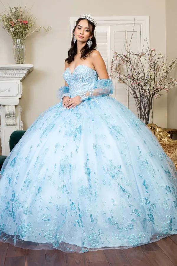 Quinceanera Dress Embroidered Glitter Mesh Ball Gown Detachable Sleeves by Tux-USA