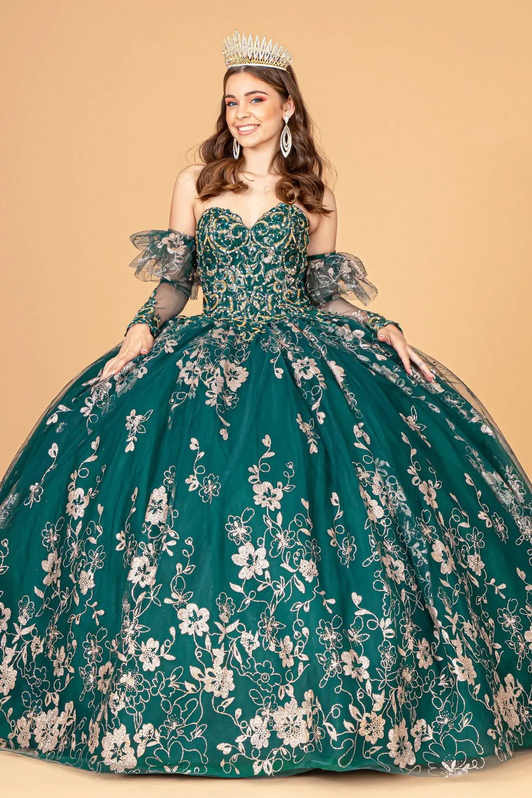 Quinceanera Dress Embroidered Glitter Mesh Ball Gown Detachable Sleeves by Tux-USA