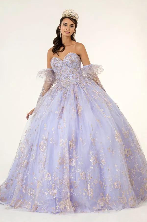 Quinceanera Dress Embroidered Glitter Mesh Ball Gown Detachable Sleeves by Tux-USA