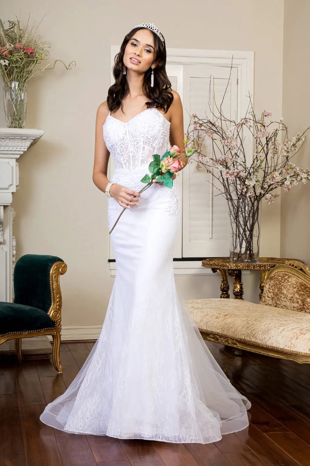 Embroidered Sheer Bodice Mermaid Wedding Gown w/ Lace Up Back by Tux-USA
