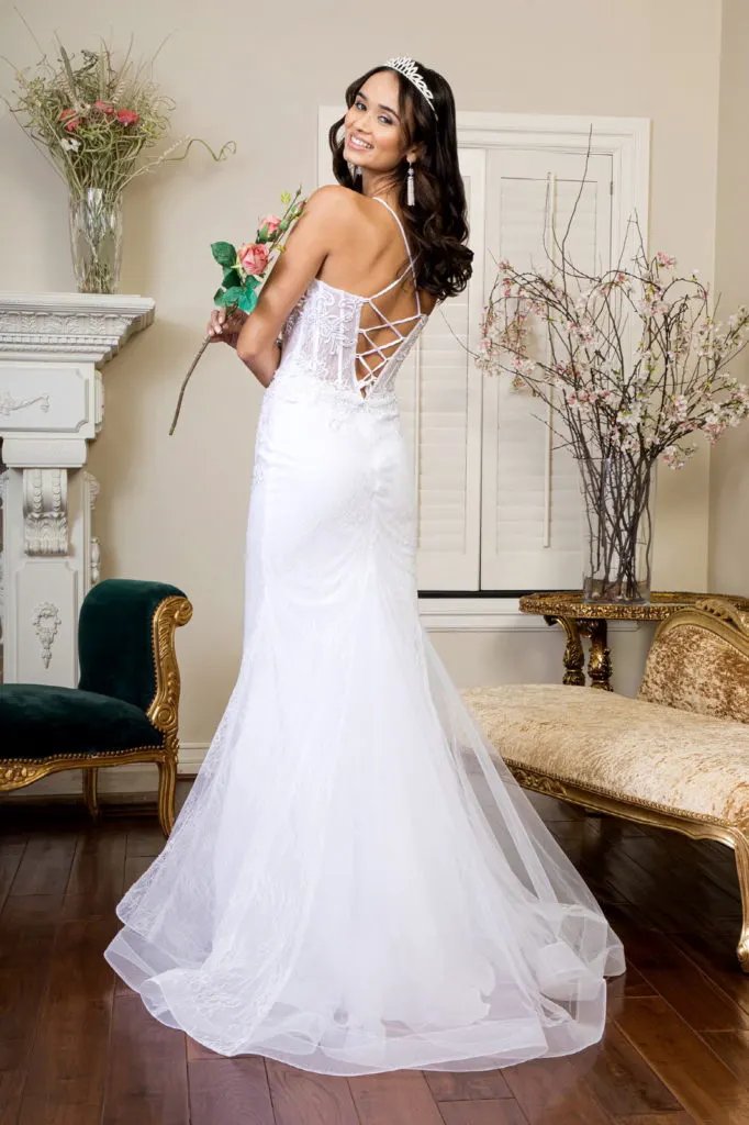 Embroidered Sheer Bodice Mermaid Wedding Gown w/ Lace Up Back by Tux-USA