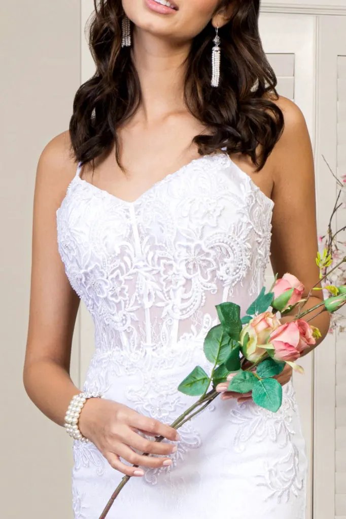 Embroidered Sheer Bodice Mermaid Wedding Gown w/ Lace Up Back by Tux-USA