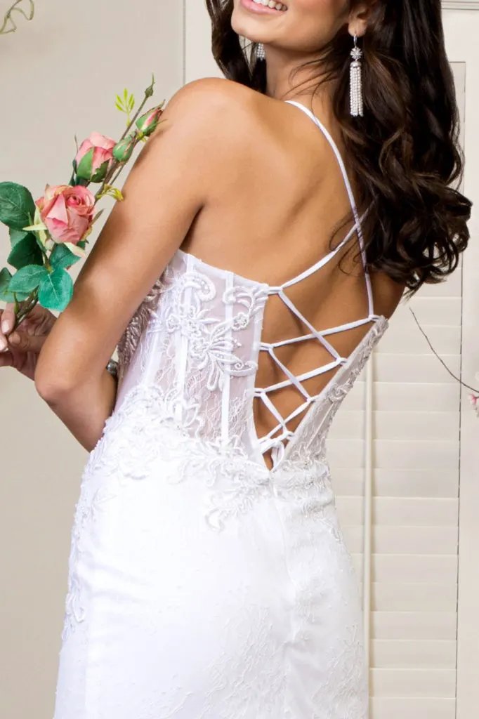 Embroidered Sheer Bodice Mermaid Wedding Gown w/ Lace Up Back by Tux-USA