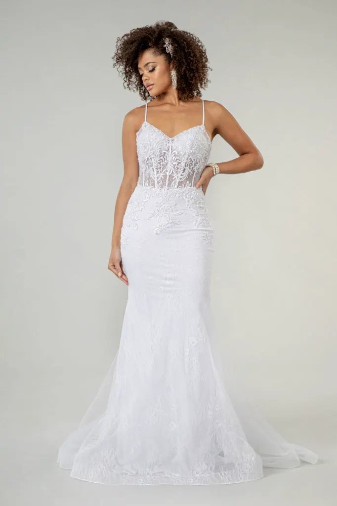 Embroidered Sheer Bodice Mermaid Wedding Gown w/ Lace Up Back by Tux-USA