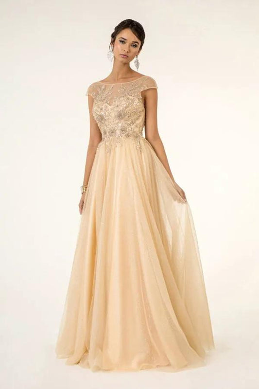Tux-USA Beads And Sequins Glitter Mesh A Line Prom Dress For Teens by Tux-USA