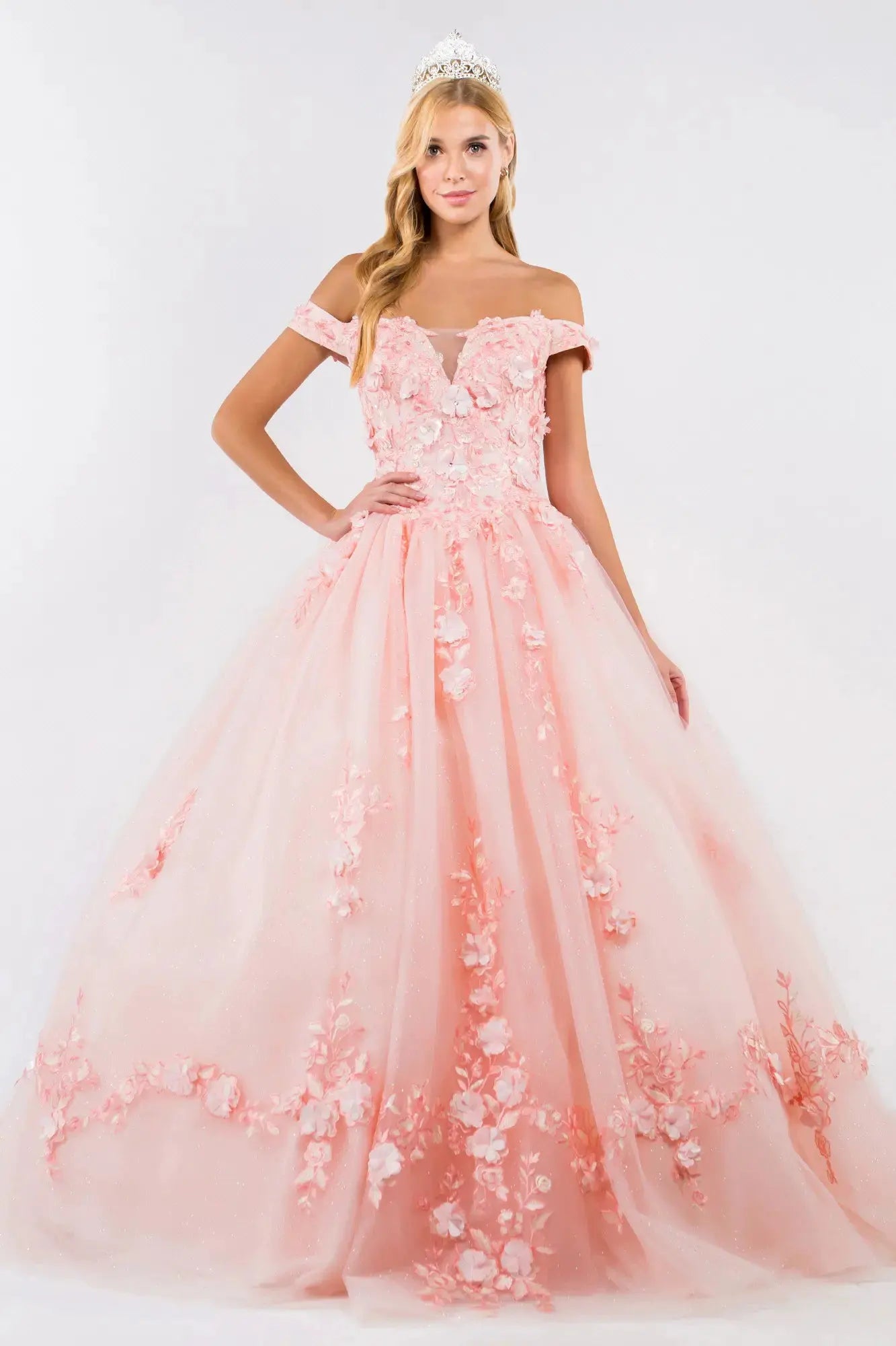Embroidery Embellished Glitter-Mesh Cut-Away Shoulder Quinceanera Dress by Tux-USA